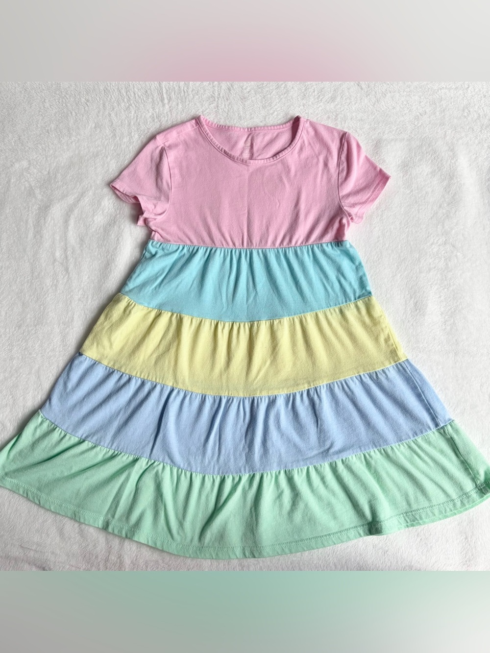 Girls 6/6X Pastel Colorblock Dress - Rainbow Tiered Short Sleeve Casual Dress